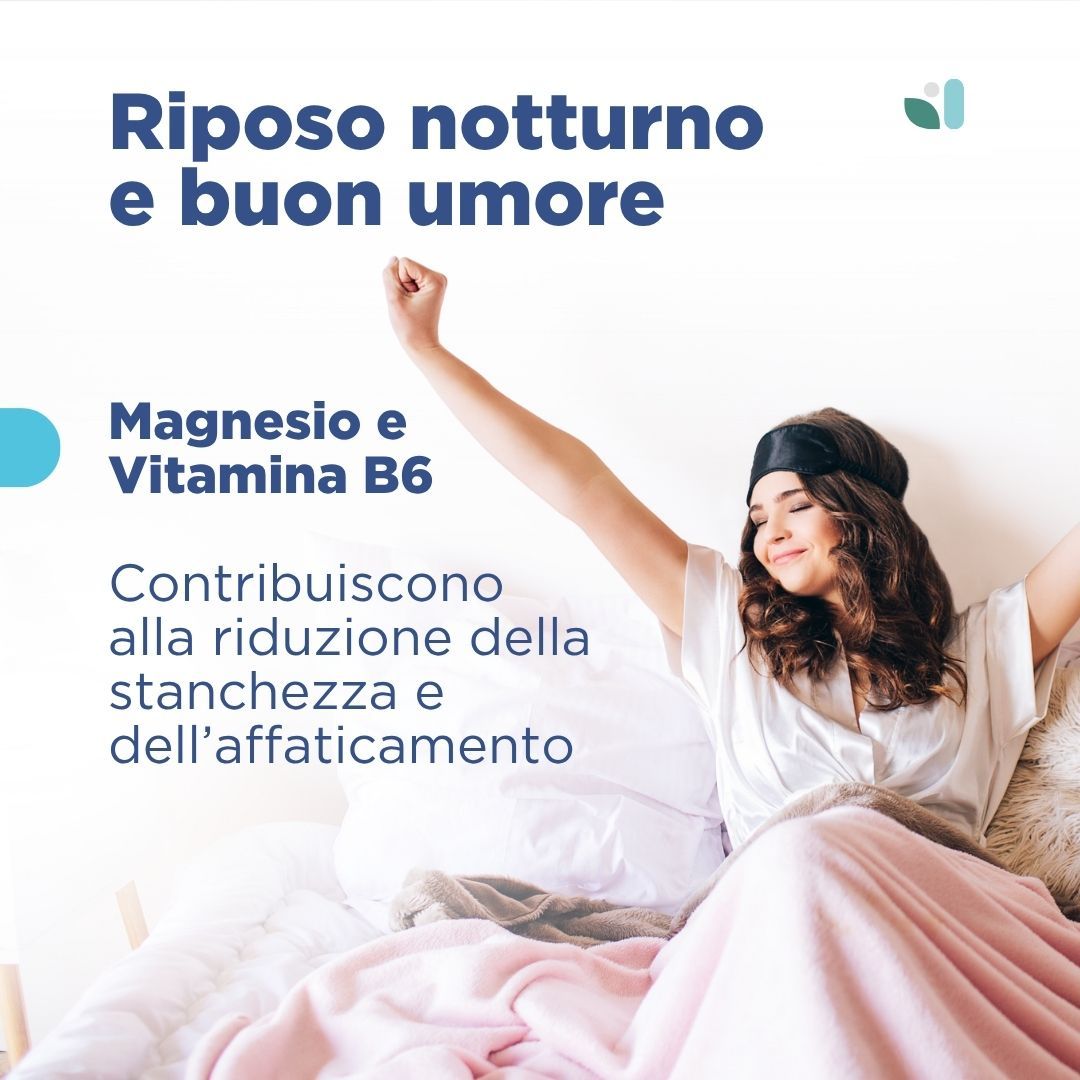 Pubblicità con donna a letto. Testo: Riposo notturno e buon umore. Flacone Magnesio Bisglicinato.
