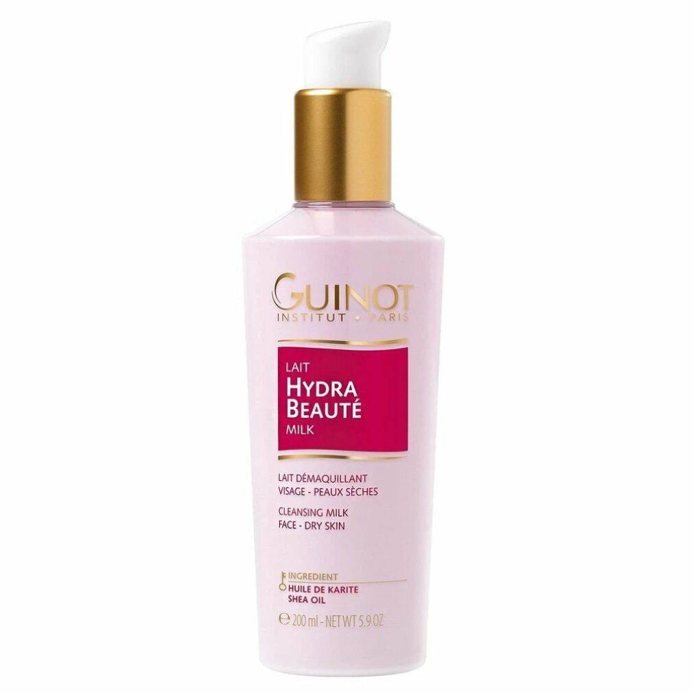 Flacone rosa con pompa dorata. Scritta: Guinot, Lait Hydra Beauté, Cleansing Milk. Per pelli secche.