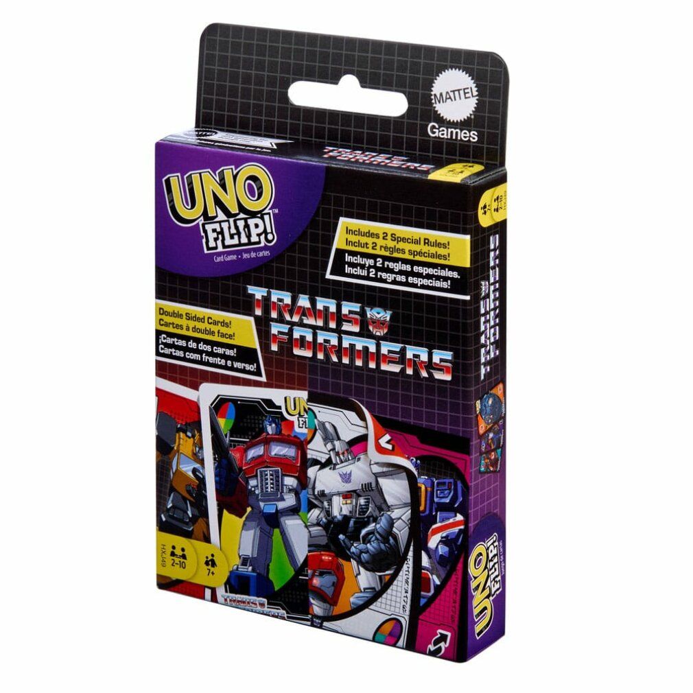 Scatola del gioco di carte UNO Flip! Transformers. Contiene carte Transformers. Logo Mattel Games.