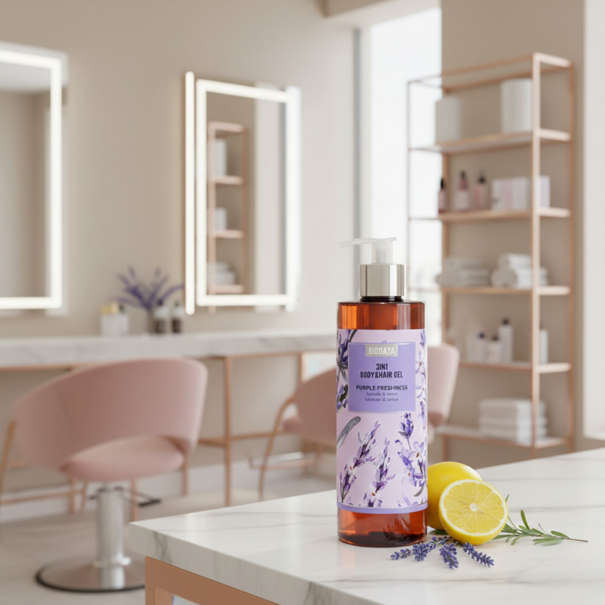 Flacone marrone con dosatore. Etichetta con nome prodotto e design lavanda. Limoni e rametti di lavanda su superficie bianca.