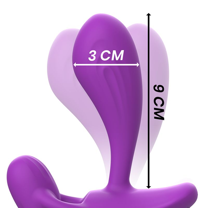 Prodotto benessere viola con dimensioni. Design curvo. Dimensioni: 9 cm di altezza, 3 cm di larghezza.
