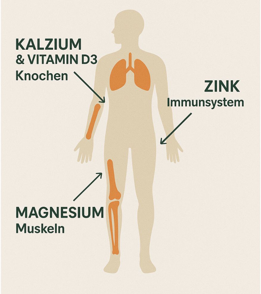 Rappresentazione schematica del corpo umano. Indicazioni per ossa, muscoli, sistema immunitario, polmoni. Frecce con nomi.