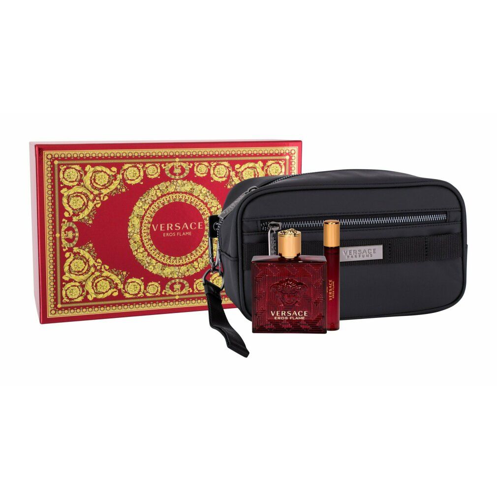 Confezione regalo, pochette, flacone e roll-on. Testo: Versace Eros Flame. Pochette nera.