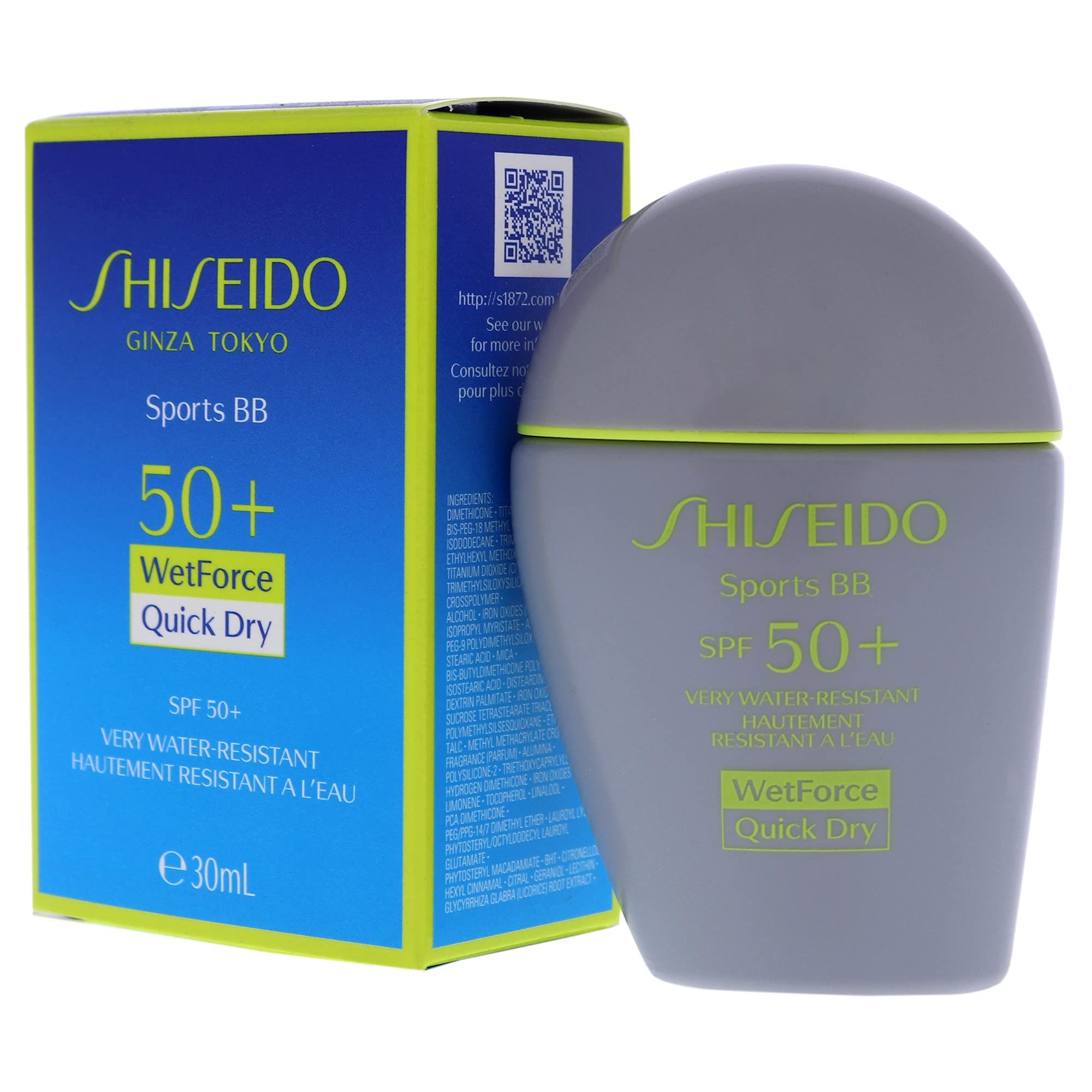 Flacone grigio e scatola blu. Scritta: SHISEIDO Sports BB SPF 50+ WetForce Quick Dry. E30ml. Codice QR.