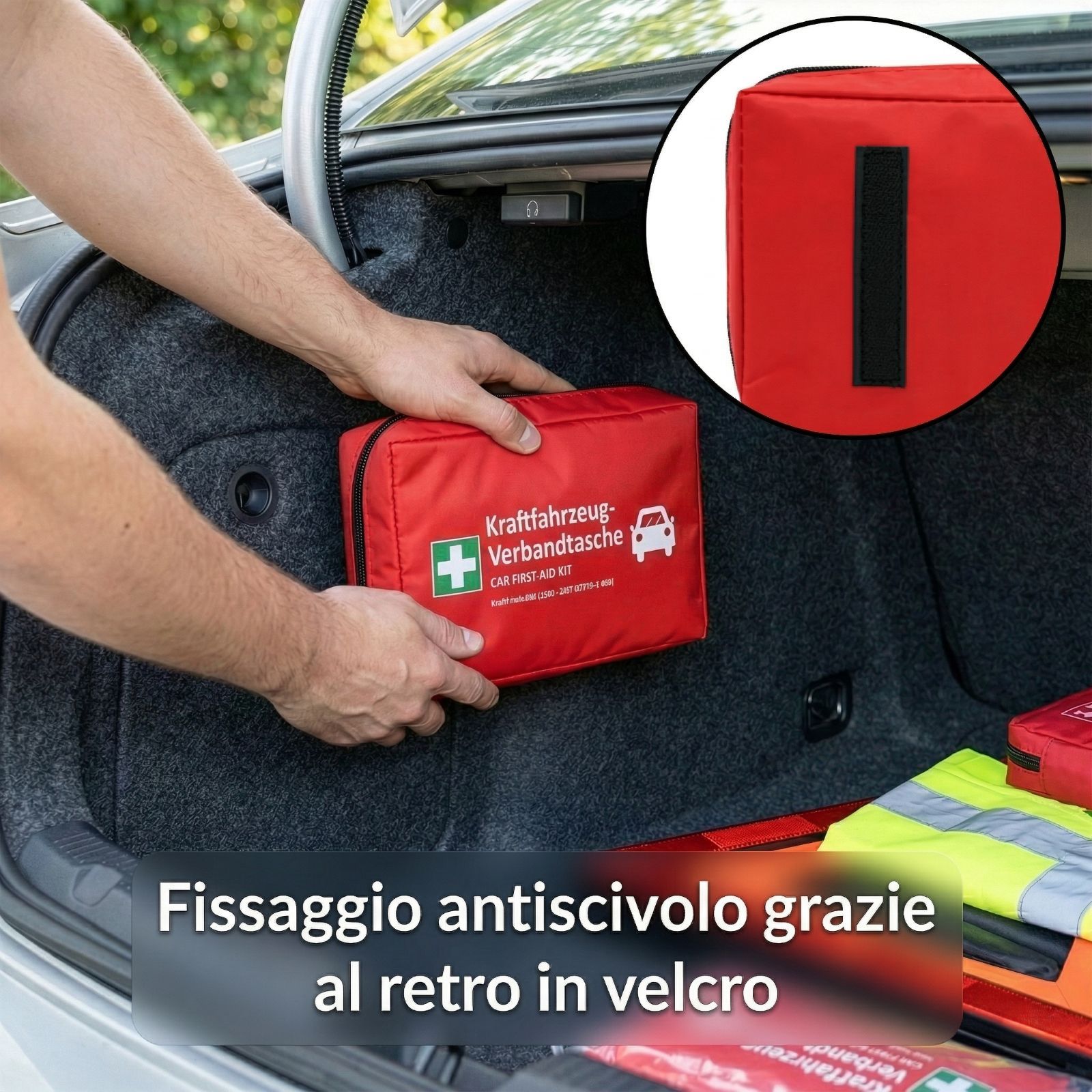 Borsa di pronto soccorso nel bagagliaio. Borsa rossa con velcro. Testo: Fissaggio antiscivolo grazie al retro in velcro.
