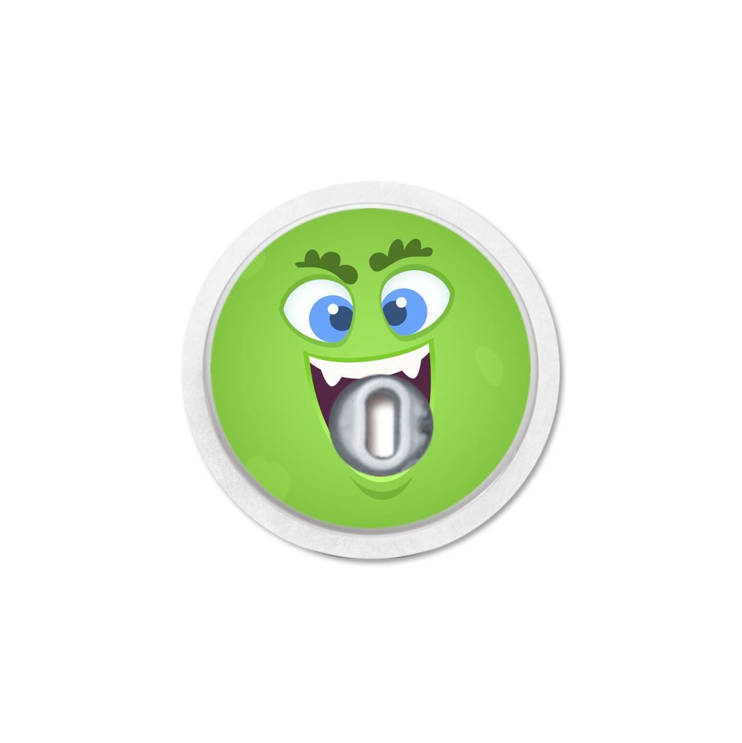 Adesivo rotondo verde con faccia di mostro. Apertura centrale. Bordo bianco.