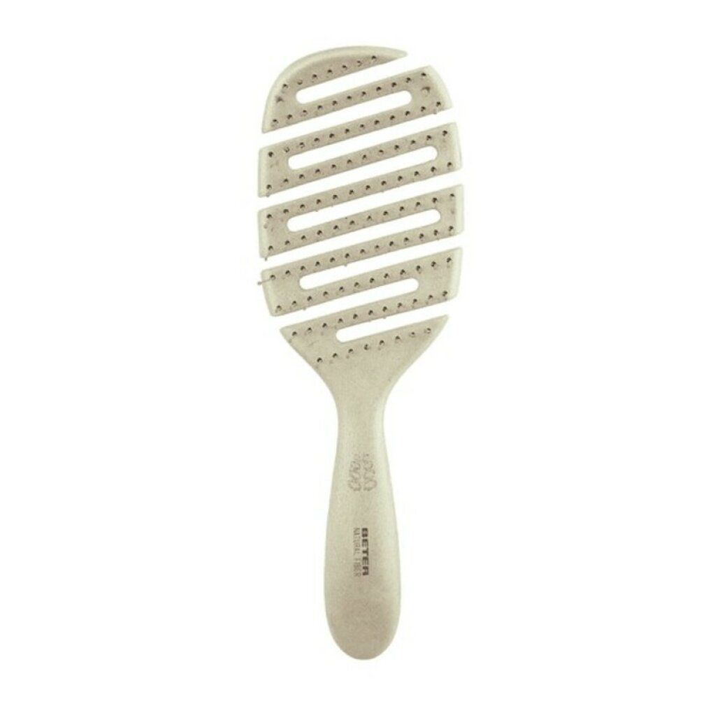 Spazzola per capelli beige con manico e setole flessibili. Il cuscinetto ha fessure e fori. Il manico riporta il marchio.