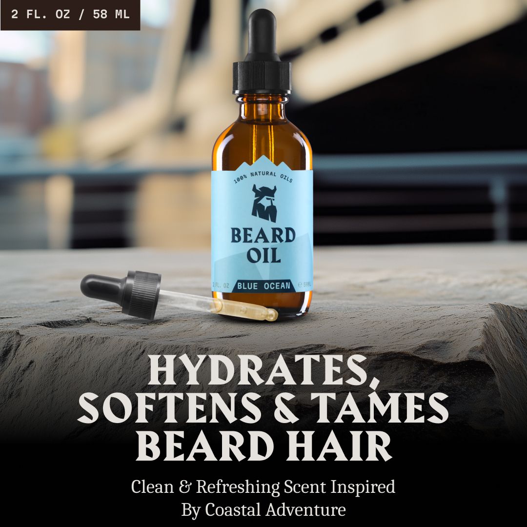 Olio da barba Striking Viking 'Blue Ocean', 2 fl oz / 58 ml, posizionato su una pietra con contagocce.