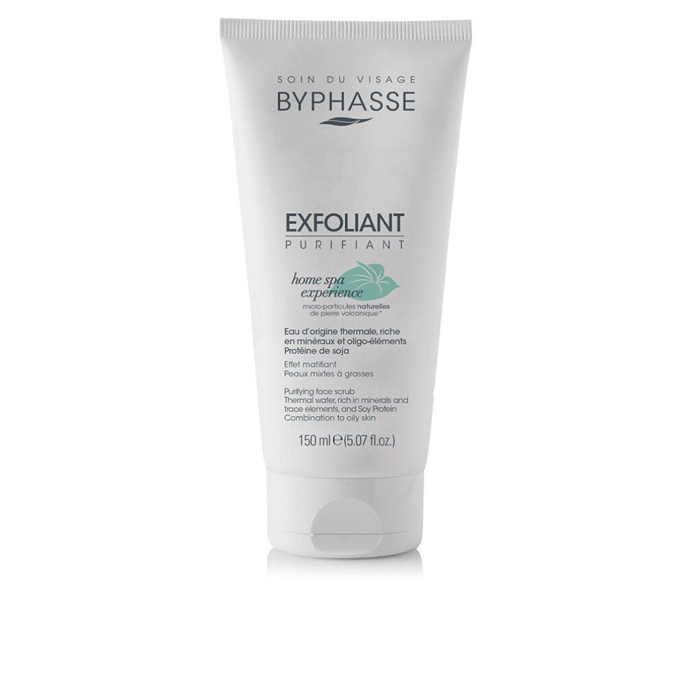 Tubo bianco con testo: BYPHASSE, EXFOLIANT PURIFIANT, home spa experience. Contiene minerali e oligoelementi. Per pelli grasse.