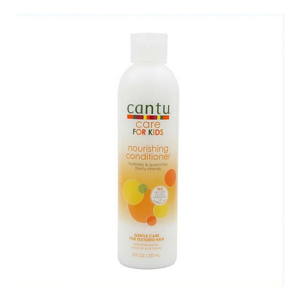 Flacone bianco Cantu Care For Kids. Etichetta con cerchi arancioni e gialli. Testo: Nourishing Conditioner.