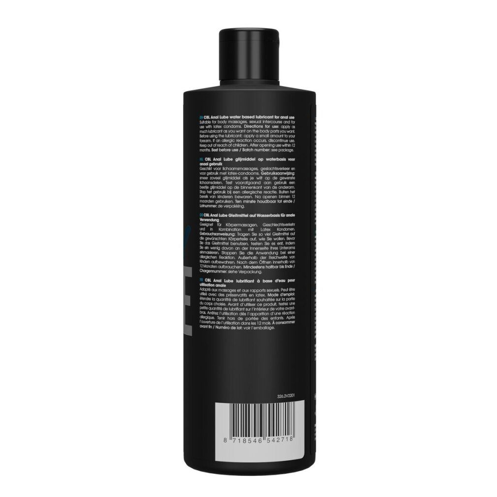 Retro di un flacone nero. Testo multilingue. Codice a barre. Marchio Cobeco Bodylube.