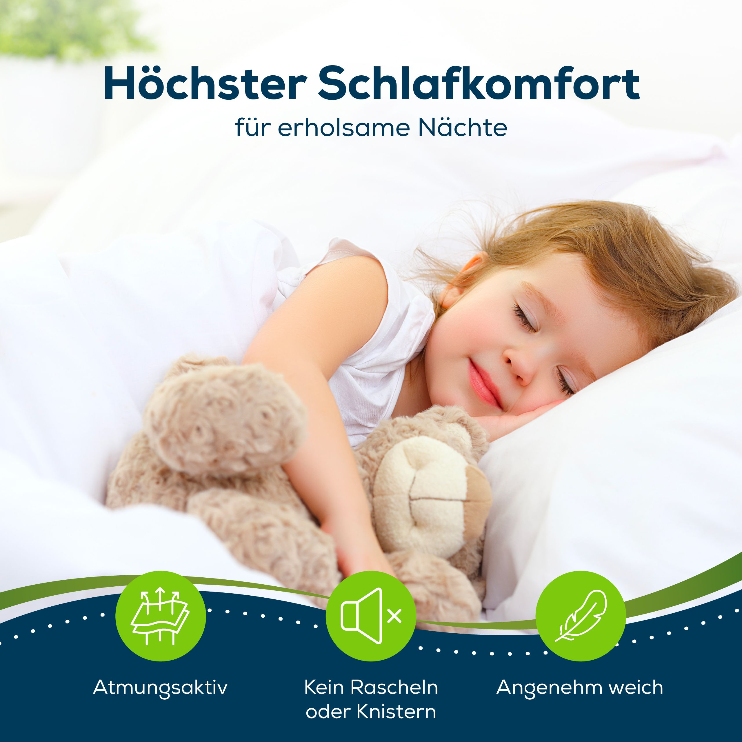Bambino dorme su lenzuolo bianco. Testo: Massimo comfort di sonno. Simboli: traspirante, silenzioso, morbido.