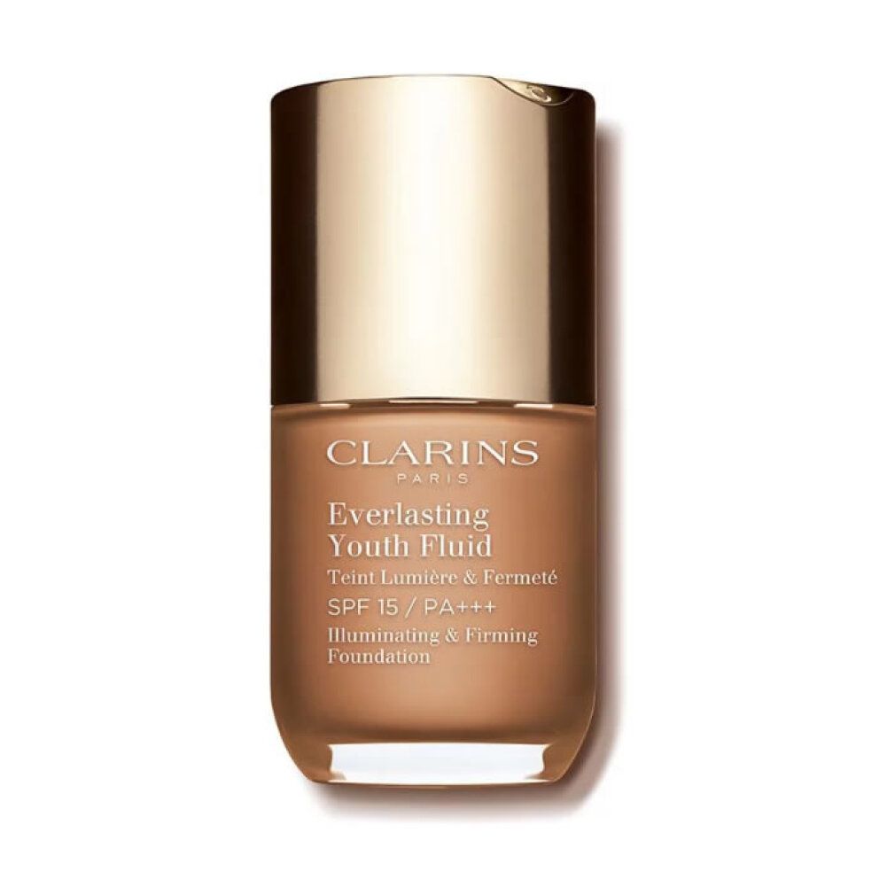 Flacone EVERLASTING YOUTH di Clarins. Flacone marrone con tappo dorato. Testo: Everlasting Youth Fluid, SPF 15/PA+++.