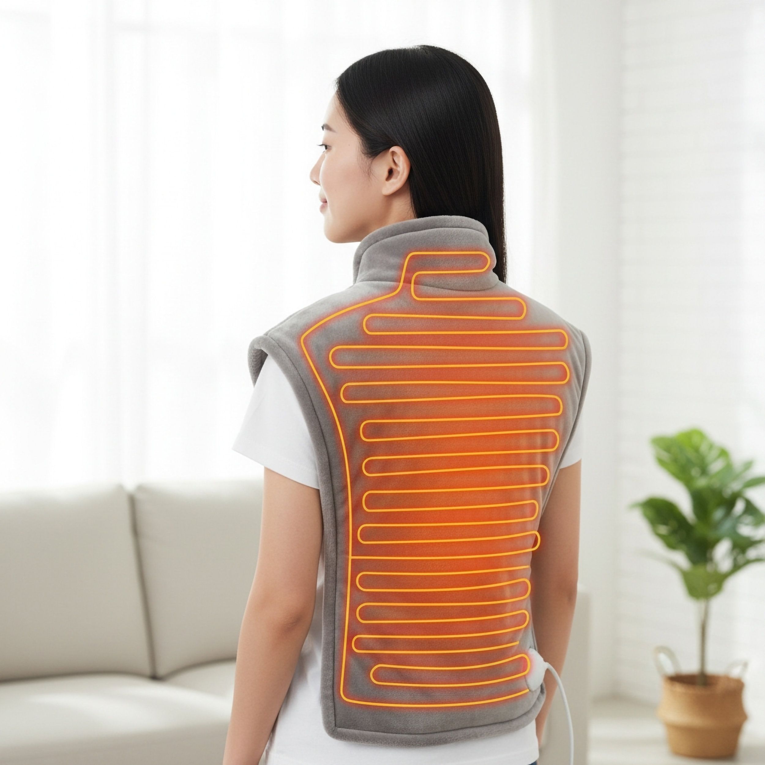 Sciarpa termica grigia con fili riscaldanti, indossata da una donna. La sciarpa copre il collo e le spalle.