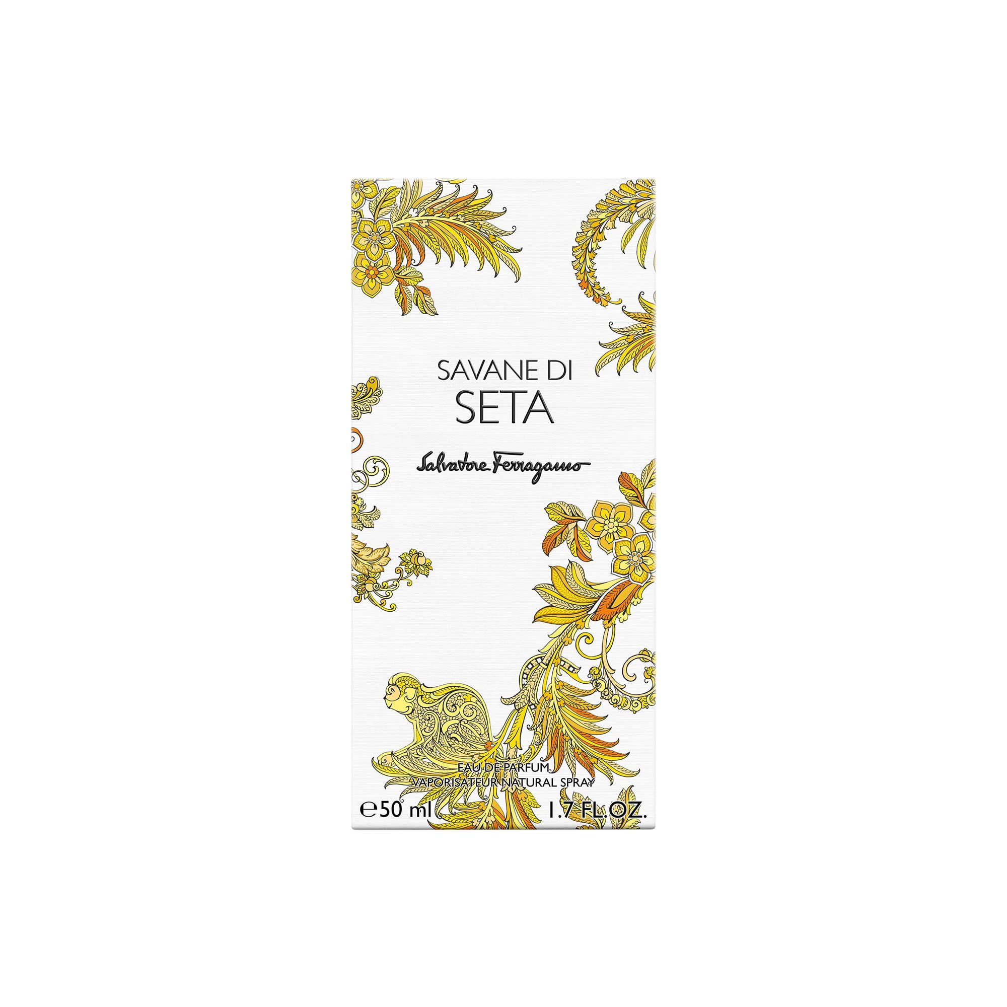 Confezione Savane di Seta di Salvatore Ferragamo. Bianca, decorazioni dorate, testo, nome del prodotto.