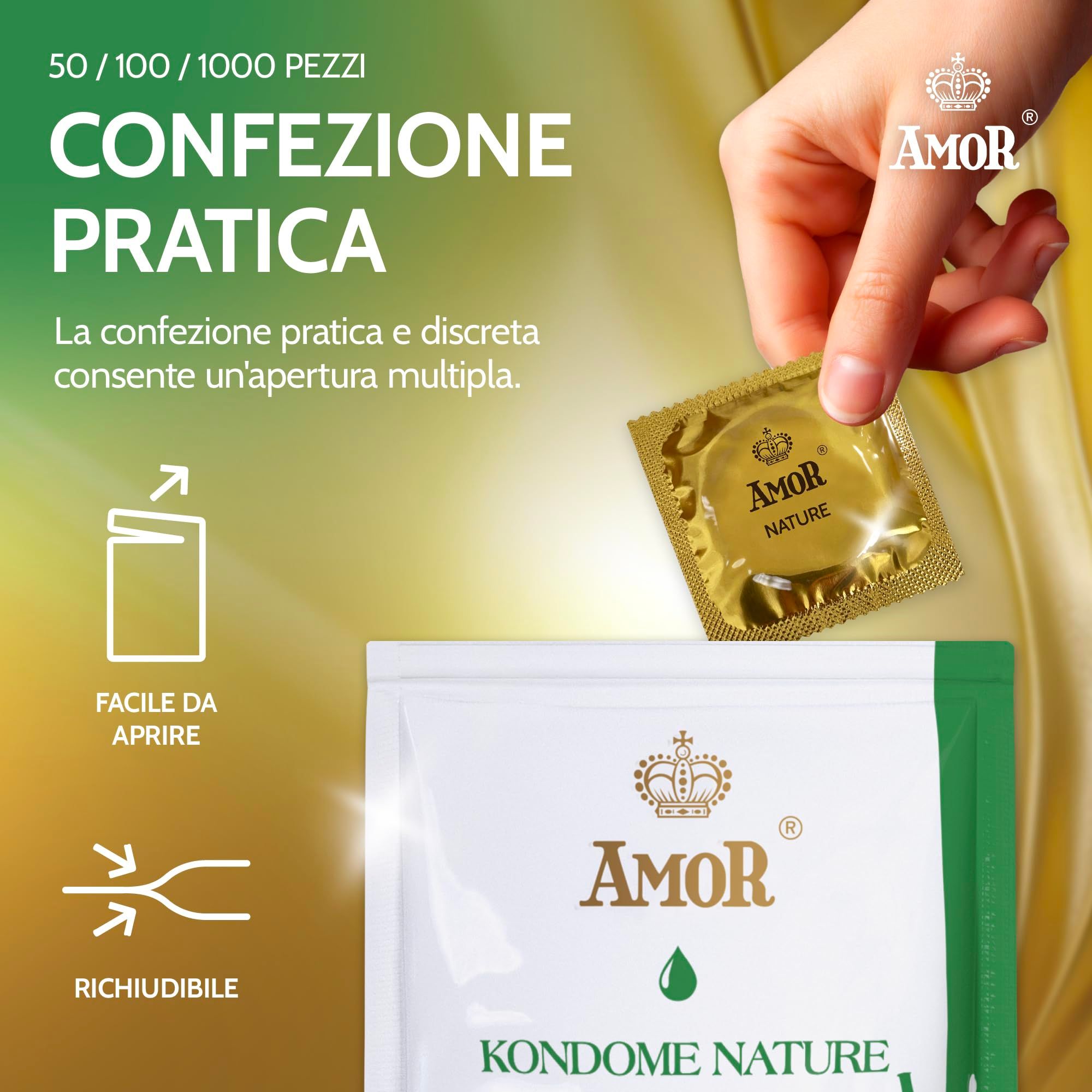 Preservativo Amor, confezionato singolarmente in foglio dorato, 53mm.