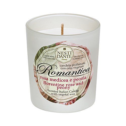 Candela profumata Candela Romantica in vetro. Testo: Rosa e Peonia, Nesti Dante. Stoppino visibile.