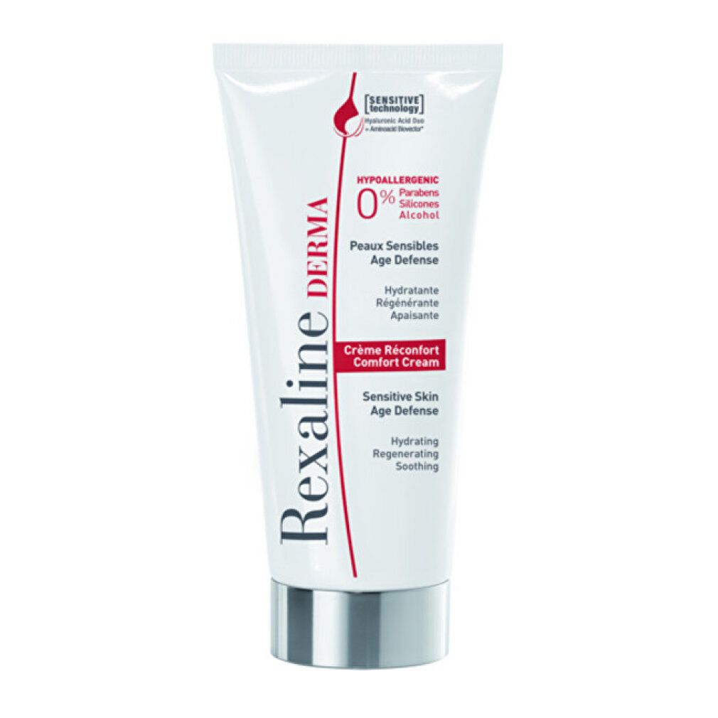 Tubo bianco con tappo argentato. Scritta: Rexaline Derma, Crème Réconfort, Sensitive Skin Age Defense, 0% Profumi, Siliconi, Alcool.