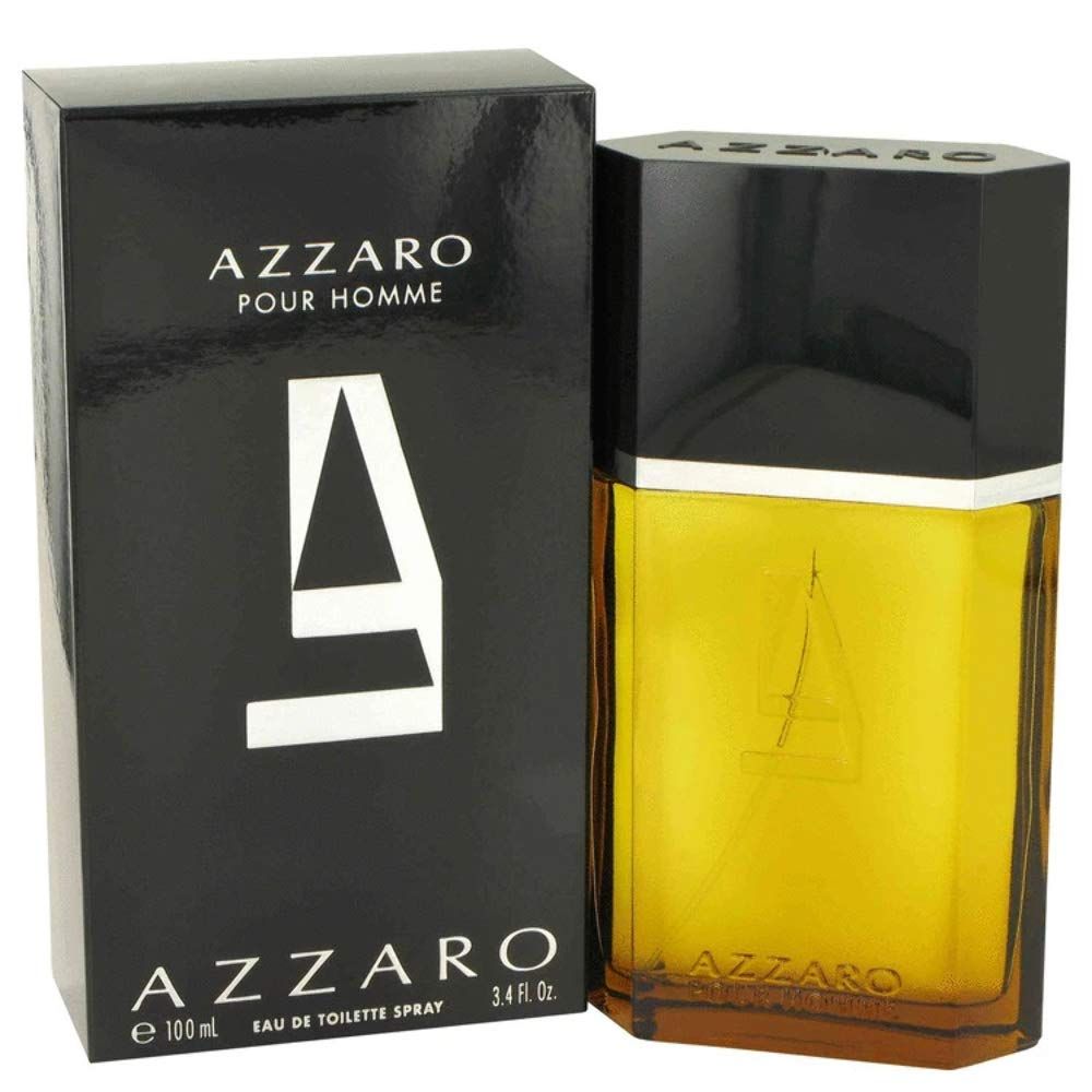 Azzaro Pour Homme Eau de Toilette Spray. Scatola e flacone neri. Flacone con liquido giallo. 100ml.