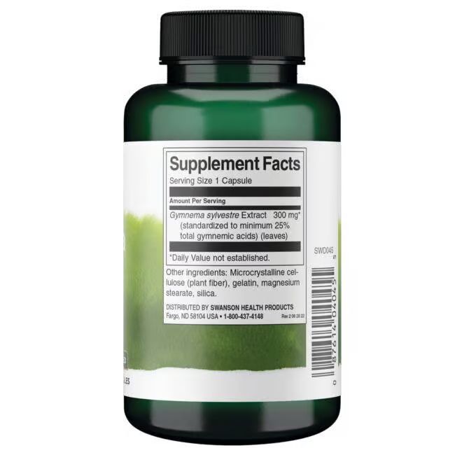 Retro del flacone verde. Etichetta con informazioni nutrizionali. Estratto di Gymnema Sylvestre, 300 mg per capsula.