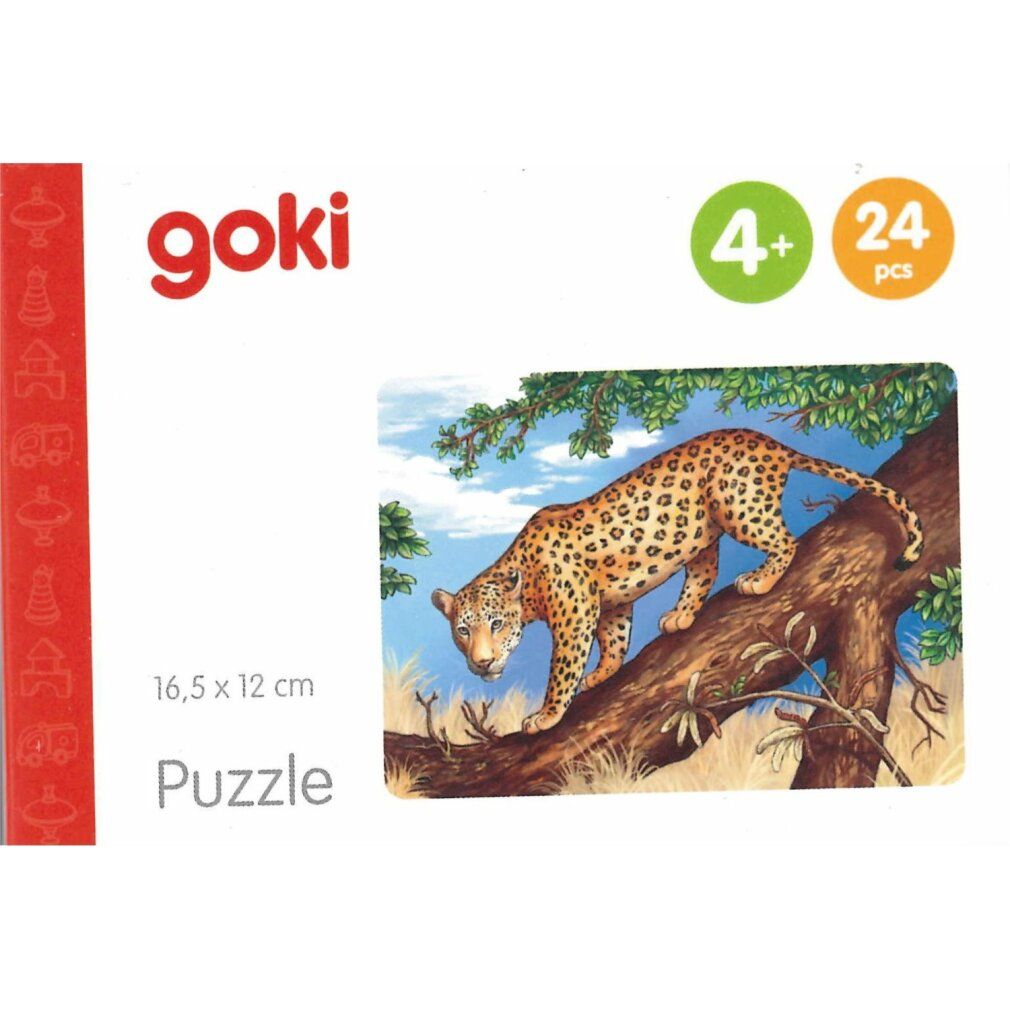 Puzzle Goki con leopardo. 24 pezzi, dai 4 anni in su. Confezione con leopardo su un ramo. Dimensioni: 16,5 x 12 cm.