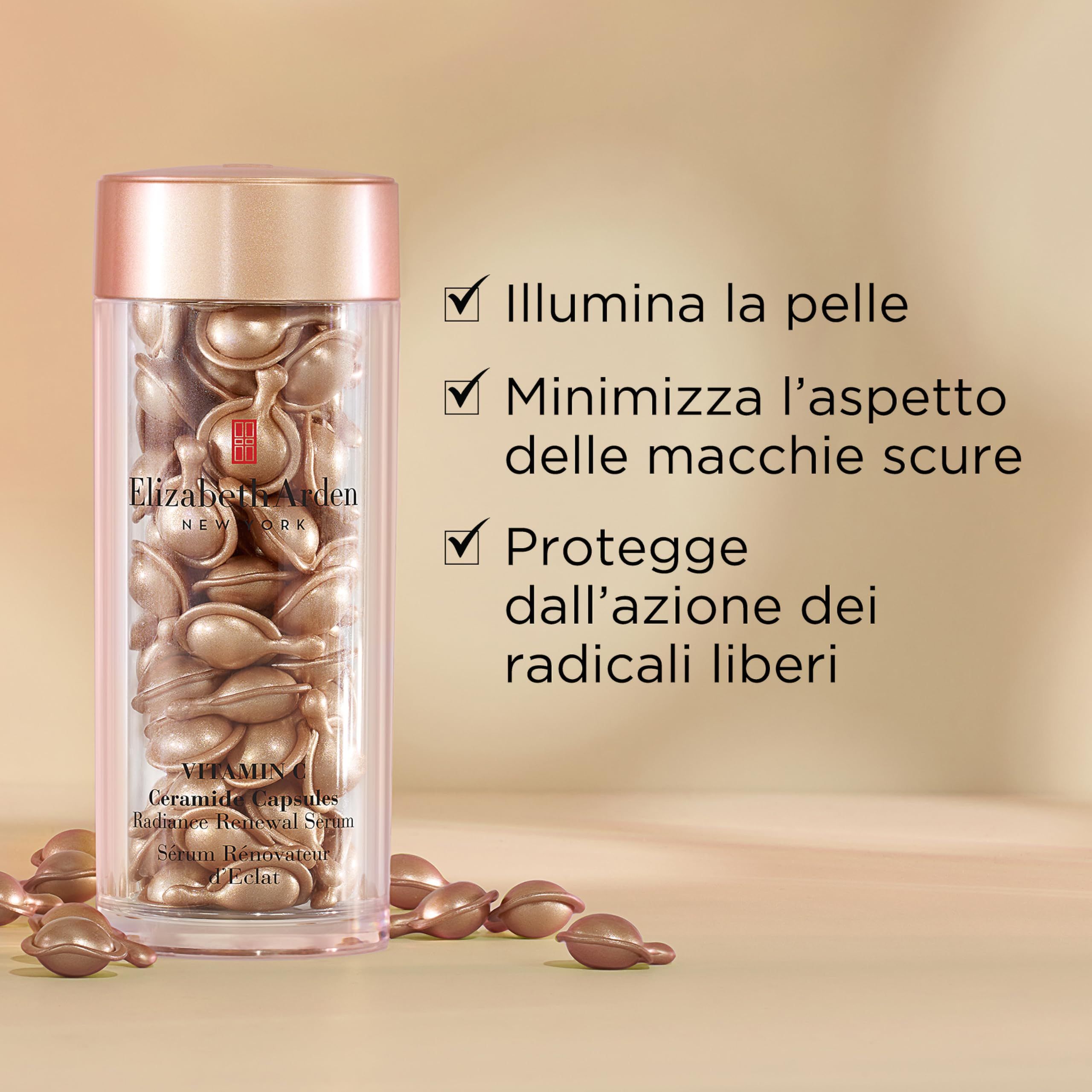 Contenitore di capsule di vitamina C Ceramide. Testo: Illumina la pelle, Minimizza l'aspetto delle macchie scure, Protegge dai radicali liberi.