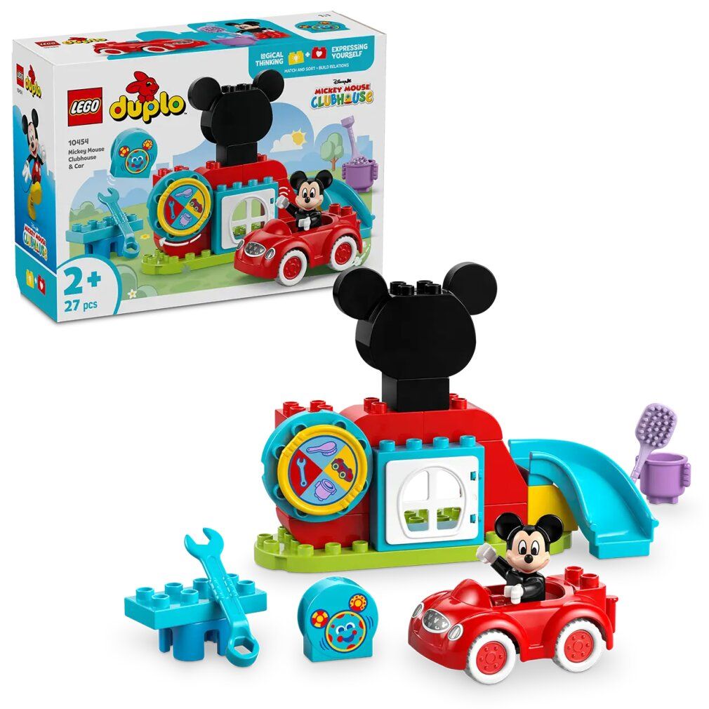 Set LEGO DUPLO. Auto rossa, edificio con orecchie di Mickey, scivolo, attrezzi. Include la figura di Mickey Mouse. Confezione visibile.