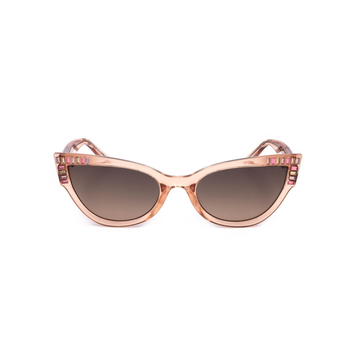 Occhiali da sole cat-eye in plastica rosa chiaro con lenti marroni e aste decorate.