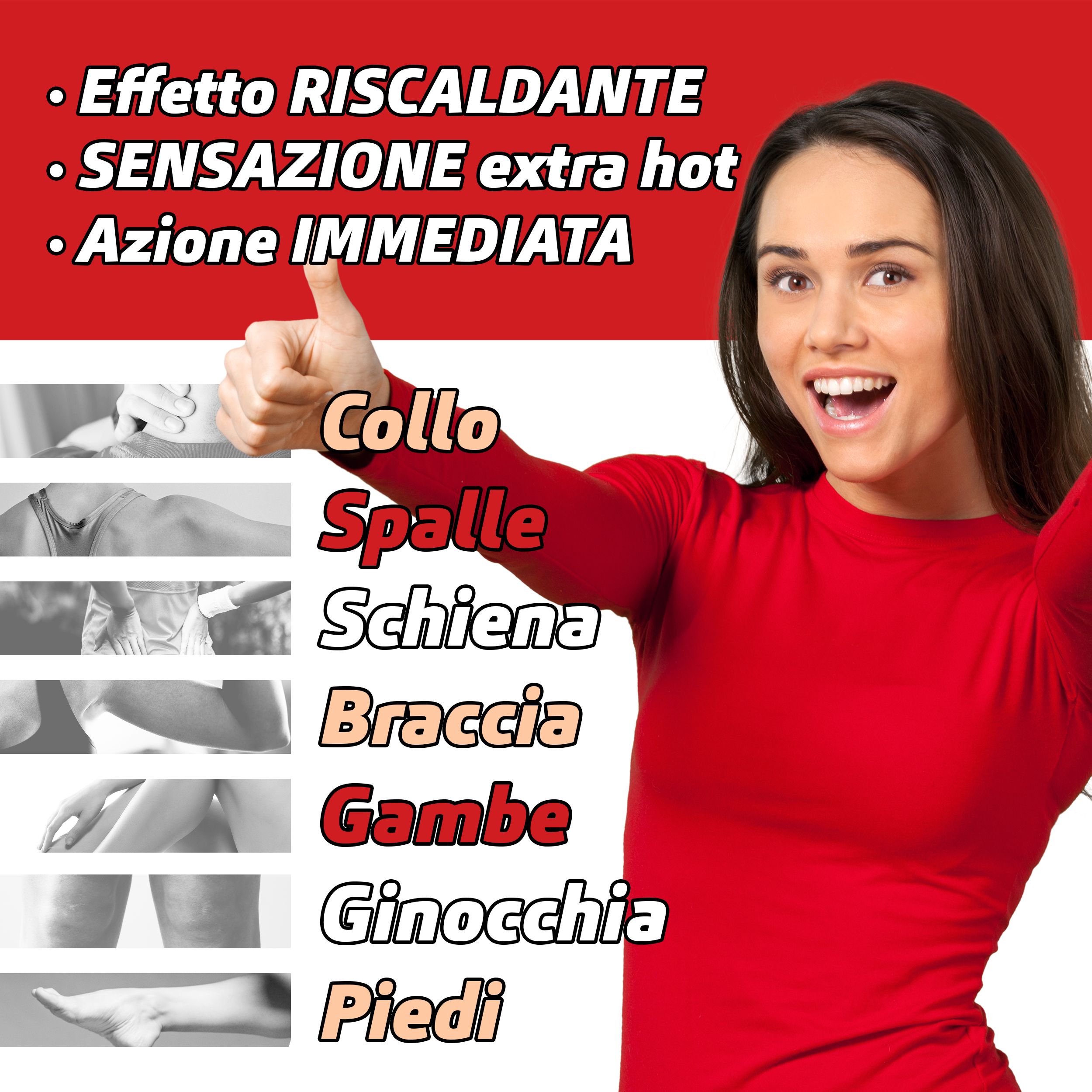Donna che indica parti del corpo: Collo, spalle, schiena, braccia, gambe, ginocchia, piedi. Testo: Effetto Riscadante.