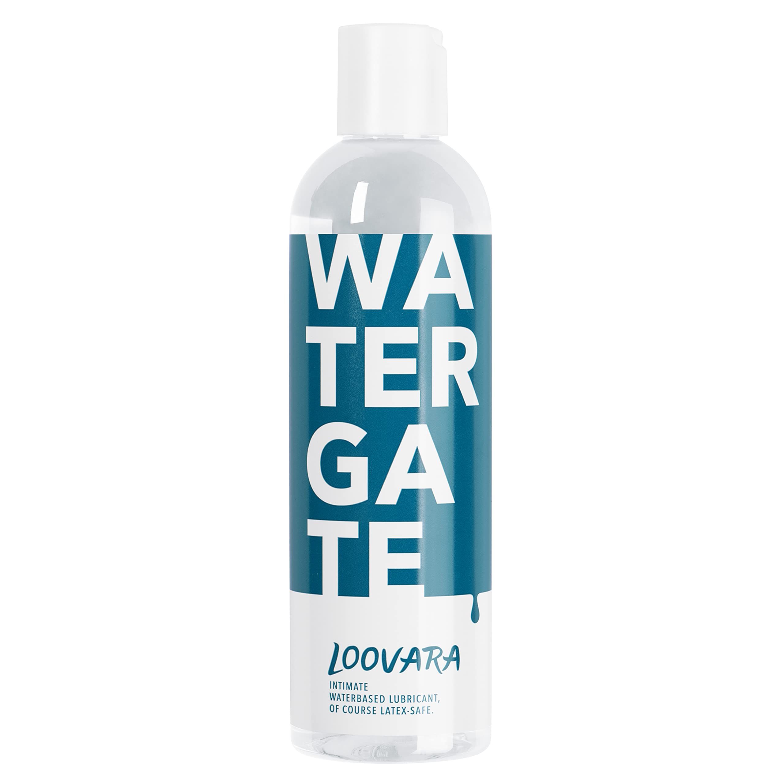Gel lubrificante Loovara Watergate, flacone trasparente con etichetta blu, 250 ml.