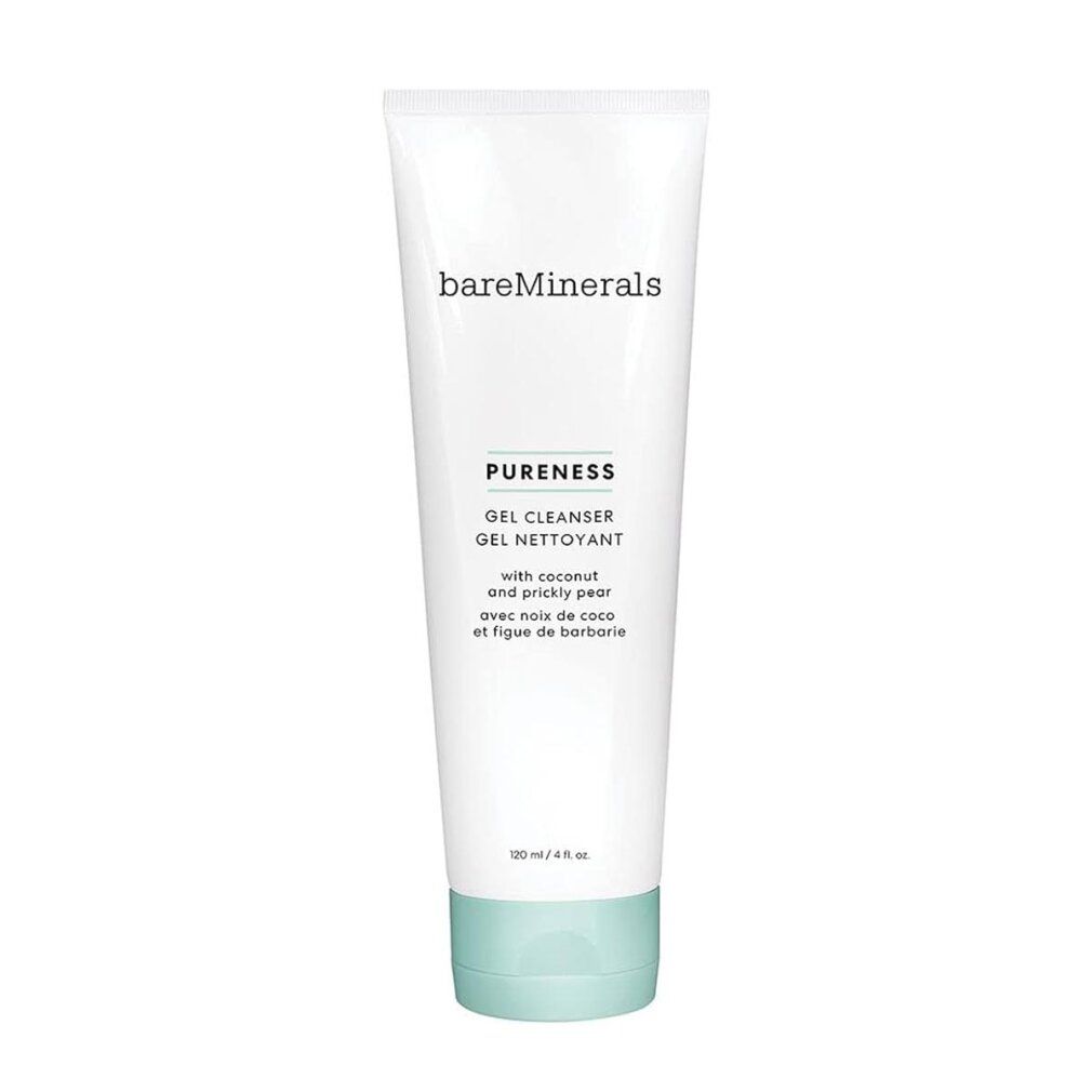 Tubo bianco con base verde. Scritta: bareMinerals, PURENESS, GEL CLEANSER, GEL NETTOYANT.