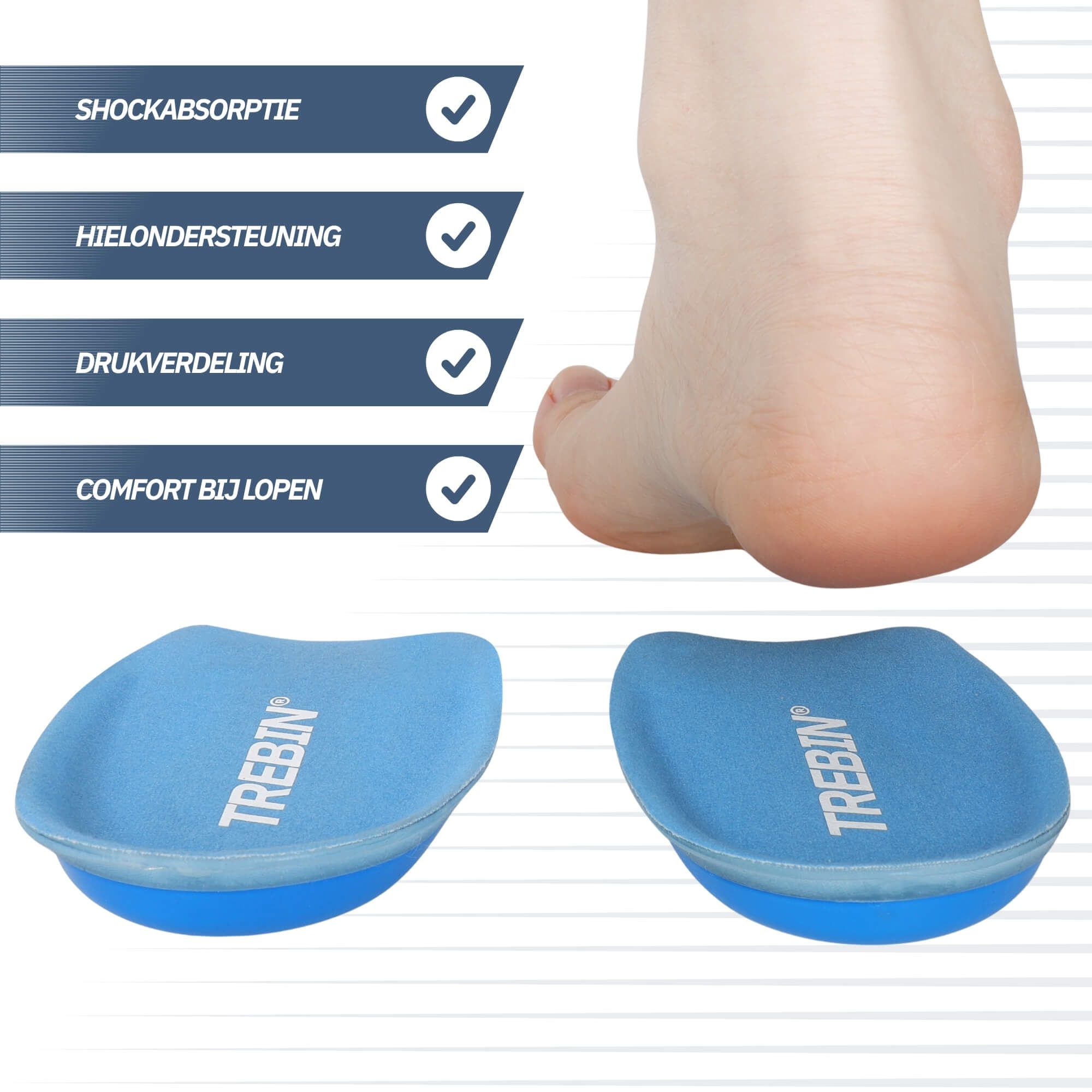 Due talloniere blu con logo "TREBIN", una con inserto in gel arancione, bordi laterali in gel blu.