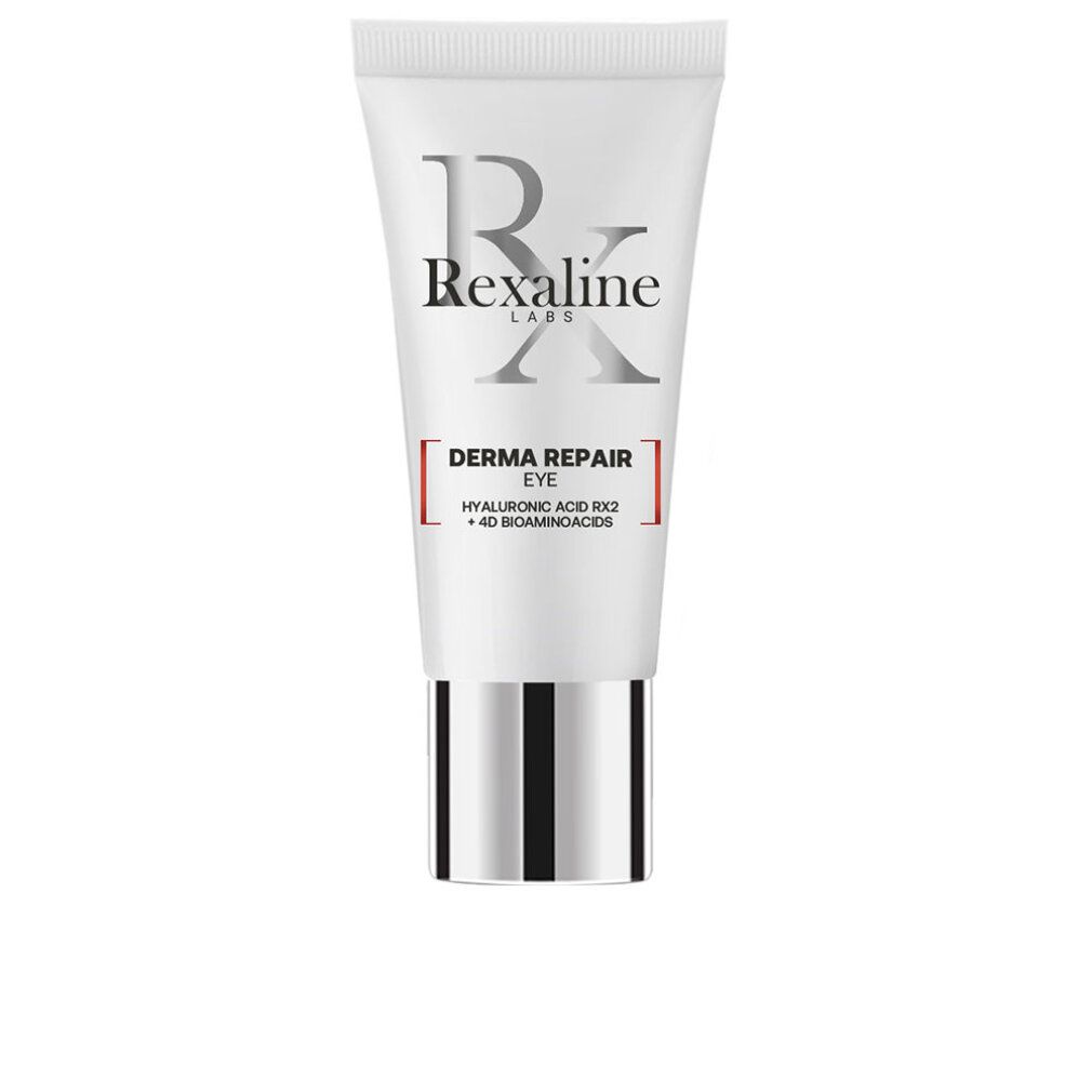 Tubo bianco con tappo argentato. Scritta: Rexaline Derma Repair Eye, Acido Ialuronico RX2 + 40 Bioaminoacidi.
