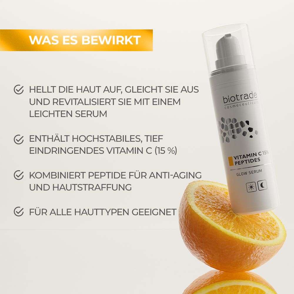 Siero Biotrade con vitamina C e peptidi. Flacone bianco con dosatore, accanto a una fetta d'arancia. Testo: Vitamin C 15% Peptides.