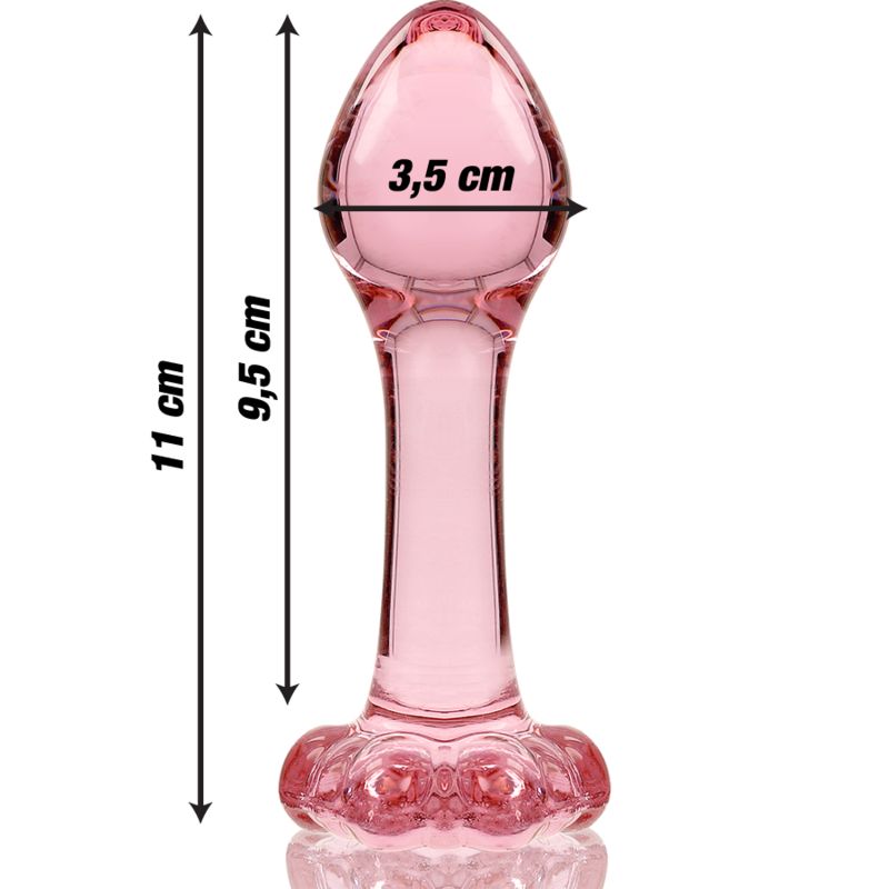 Plug anale in vetro rosa con dimensioni: 11 cm lunghezza totale, 9,5 cm lunghezza stelo, 3,5 cm larghezza.