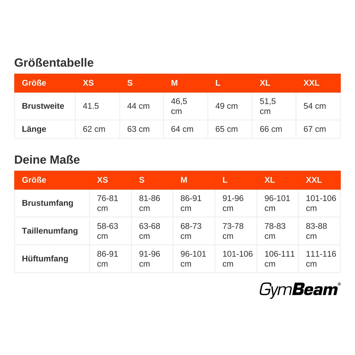 Tabella taglie e misure per t-shirt da donna GymBeam in diverse lingue.