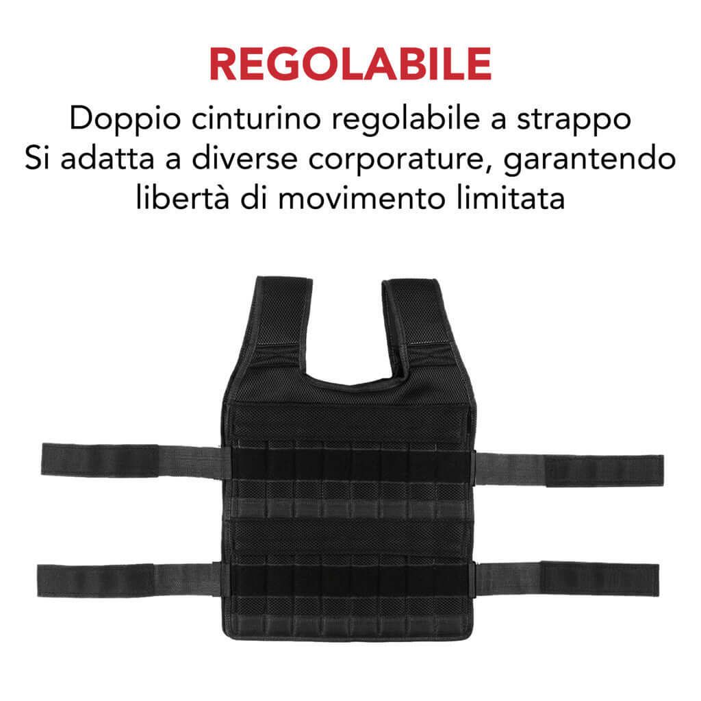 Gilet zavorrato nero con cinghie regolabili. Testo: 'Regolabile'.