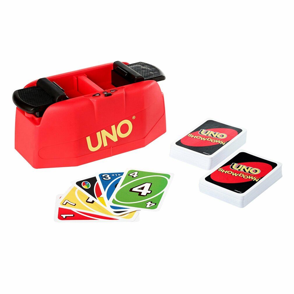 Gioco UNO Showdown rosso. Include carte, lanciatore di carte rosso e due mazzi di carte. Il logo UNO è visibile.