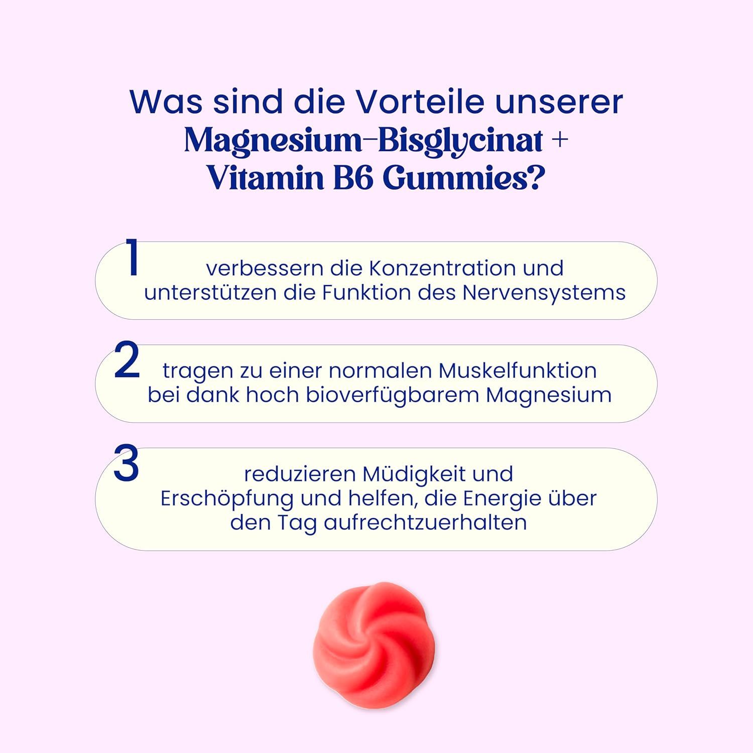 Testo con i vantaggi delle caramelle gommose al magnesio bisglicinato + vitamina B6. Caramella rossa in basso.