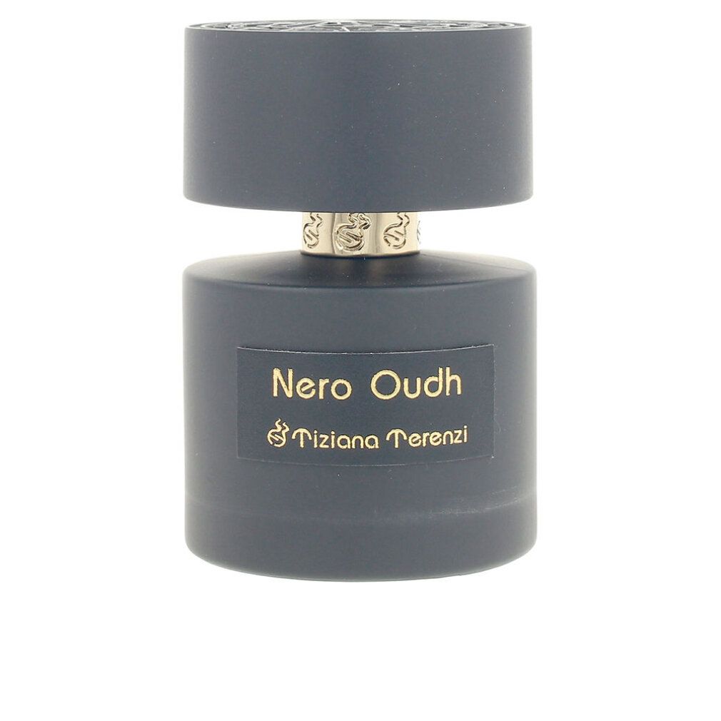 Flacone grigio scuro con scritta dorata "Nero Oudh" e "Tiziana Terenzi". Tappo nero.
