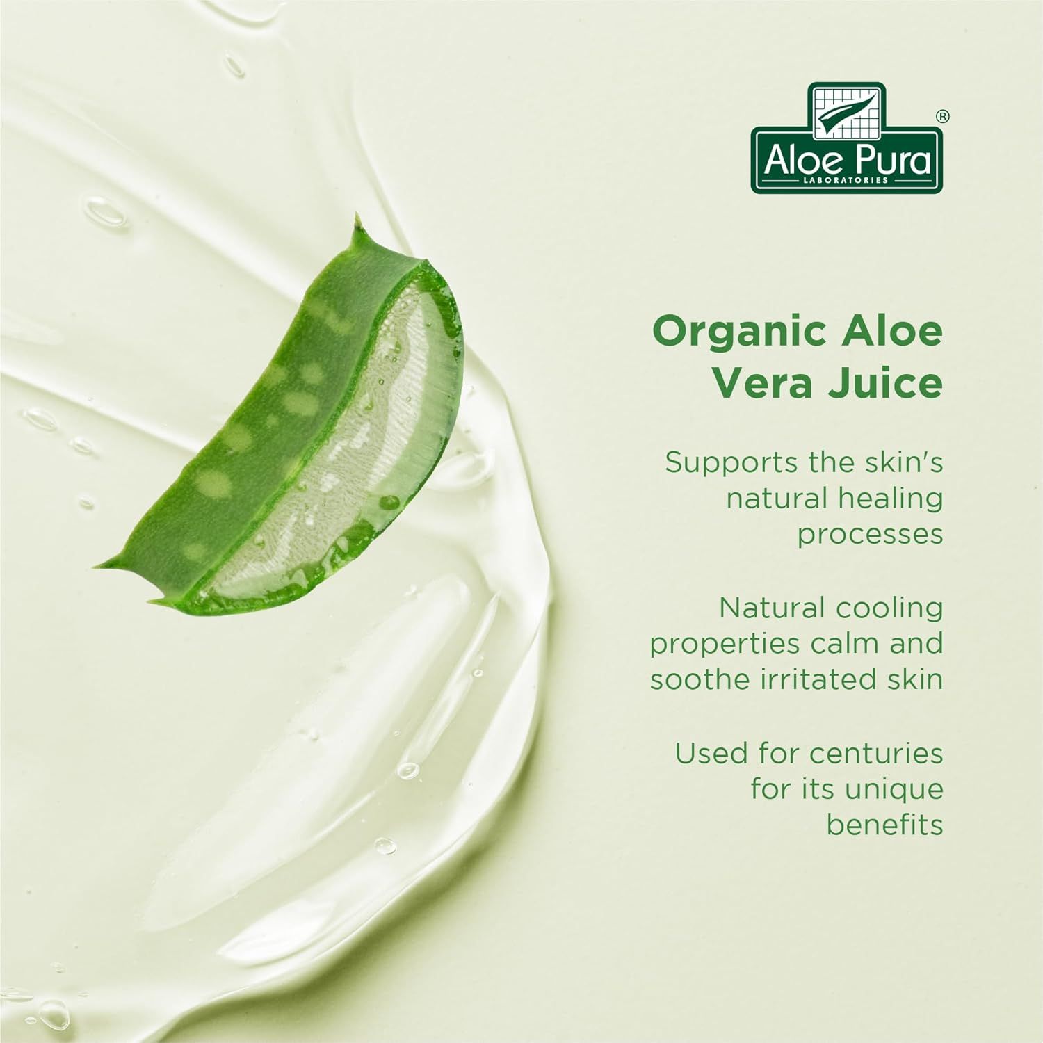 Gel di Aloe Vera e foglia di Aloe Vera. Testo: Succo di Aloe Vera biologica. Supporta i processi di guarigione naturali della pelle. Proprietà rinfrescanti.