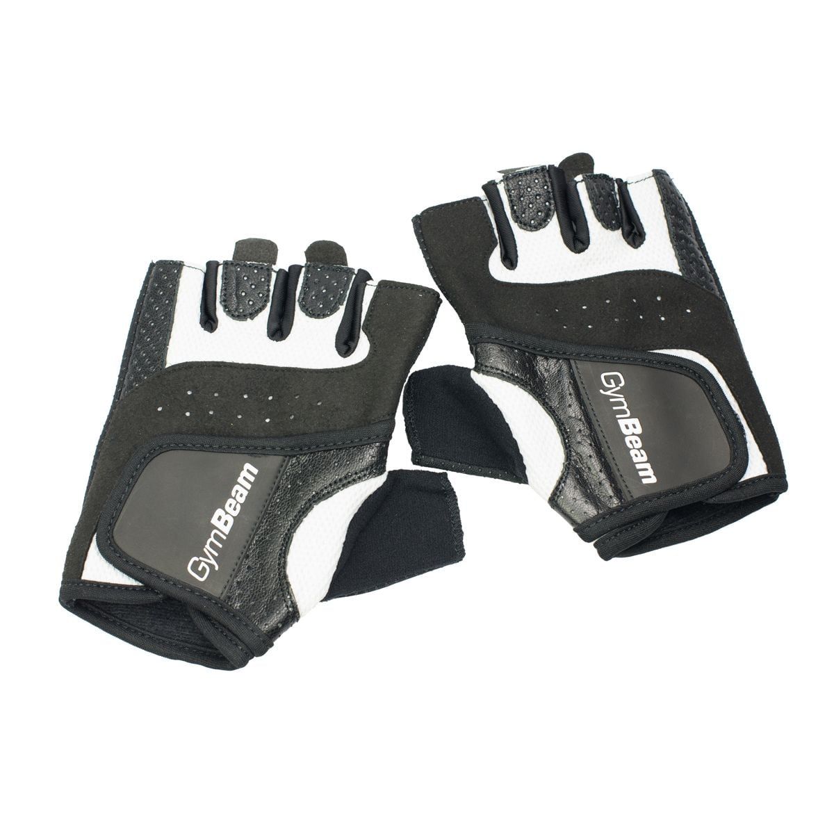 Coppia di guanti da fitness in pelle neri e bianchi da donna, con logo GymBeam sul palmo.