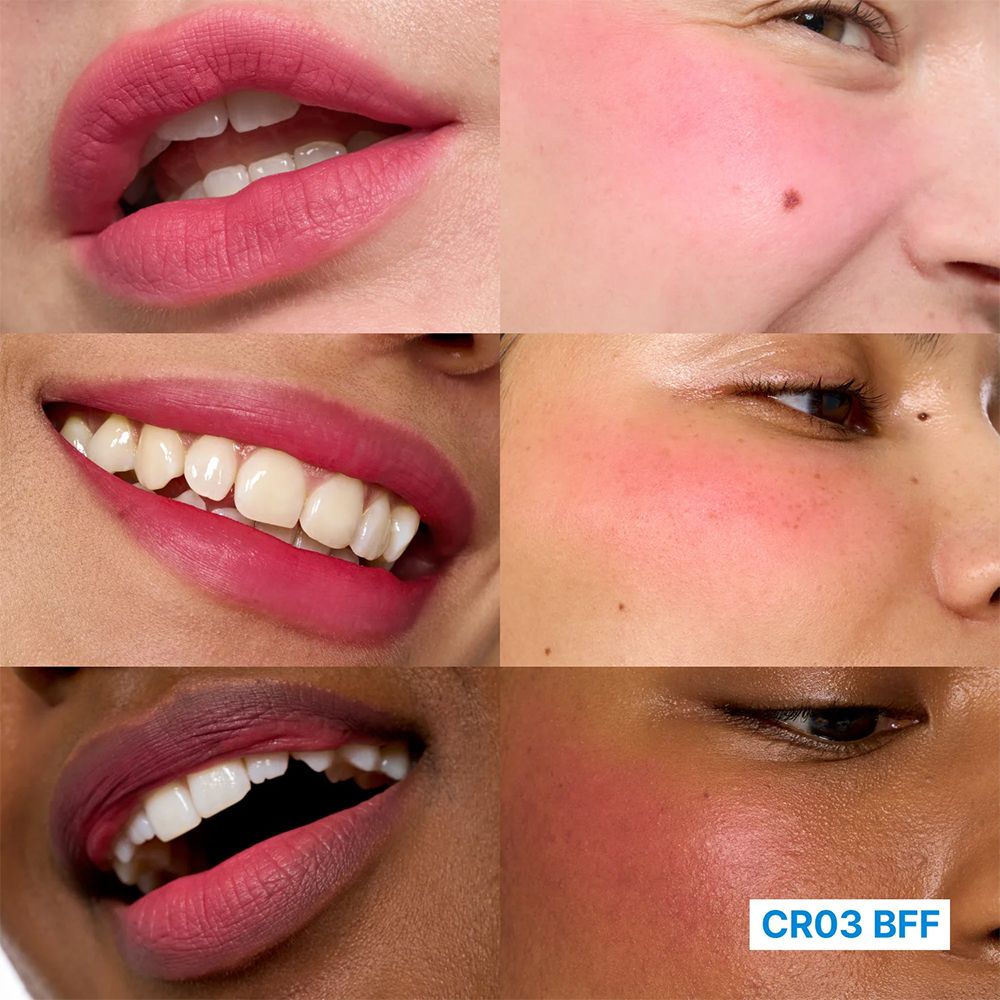Collage: Labbra e guance colorate di rosa. Mostra diverse tonalità di pelle e forme delle labbra.