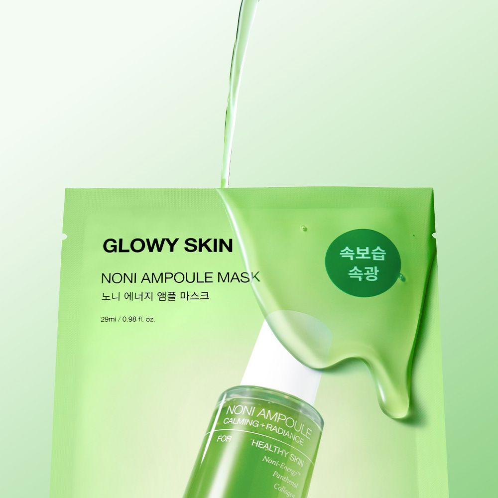 Celimax Noni Ampoule Mask bustina con gocce di siero verde.