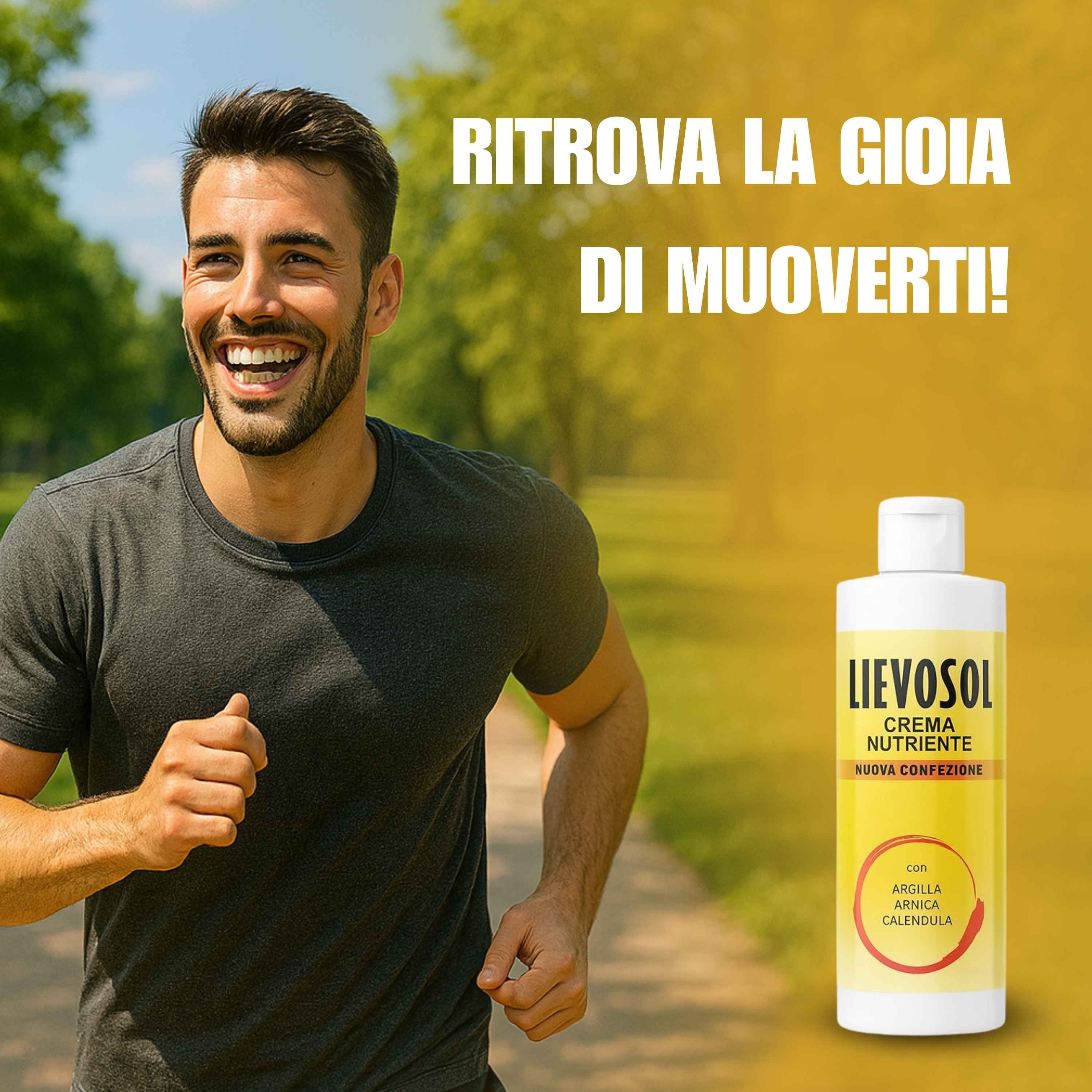 Uomo che corre su un sentiero. Tiene in mano una bottiglia Lievosol. Testo: Ritrova la gioia di muoverti!