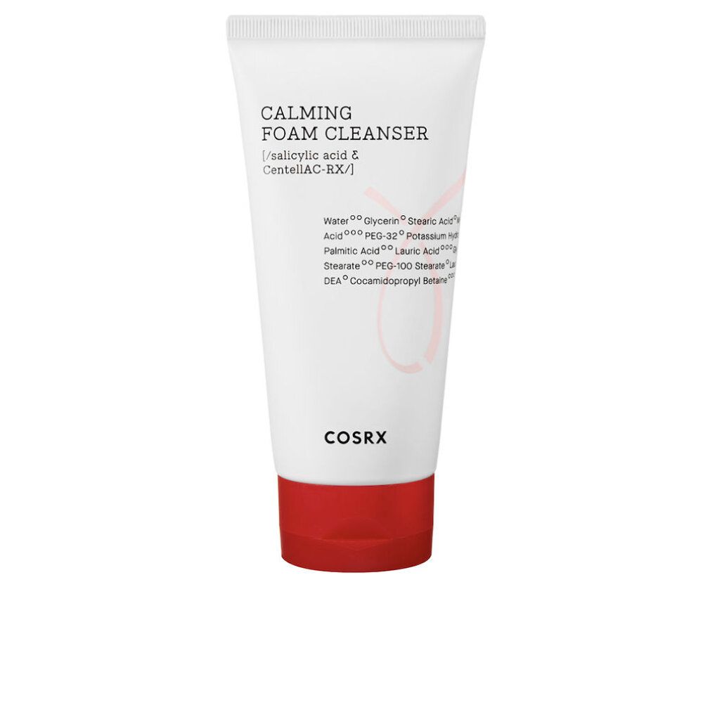 Tubo bianco con tappo rosso. Scritta: CALMING FOAM CLEANSER, ingredienti. Marchio: COSRX.