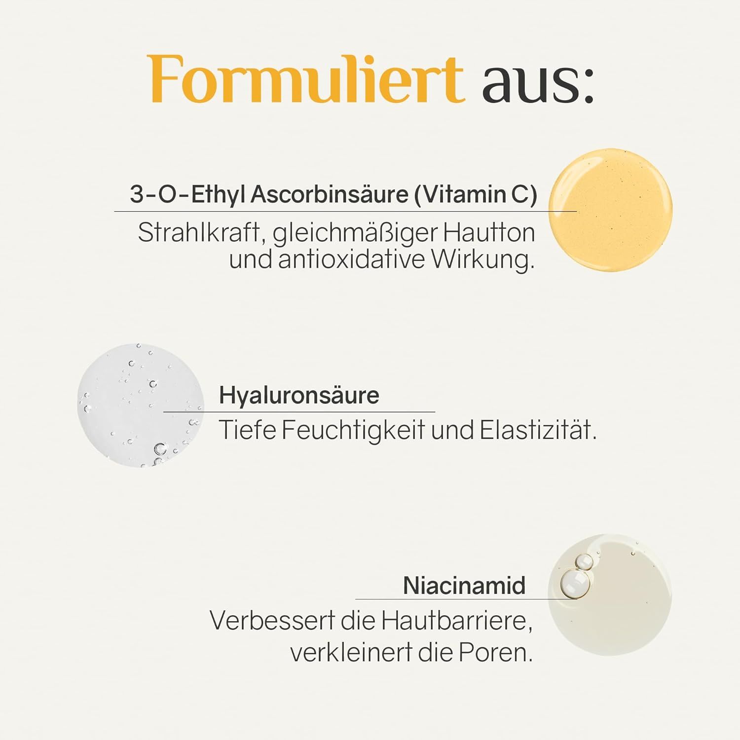 Testo con ingredienti: 3-O-etil-acido ascorbico, acido ialuronico, niacinamide. Gocce di liquido giallo.