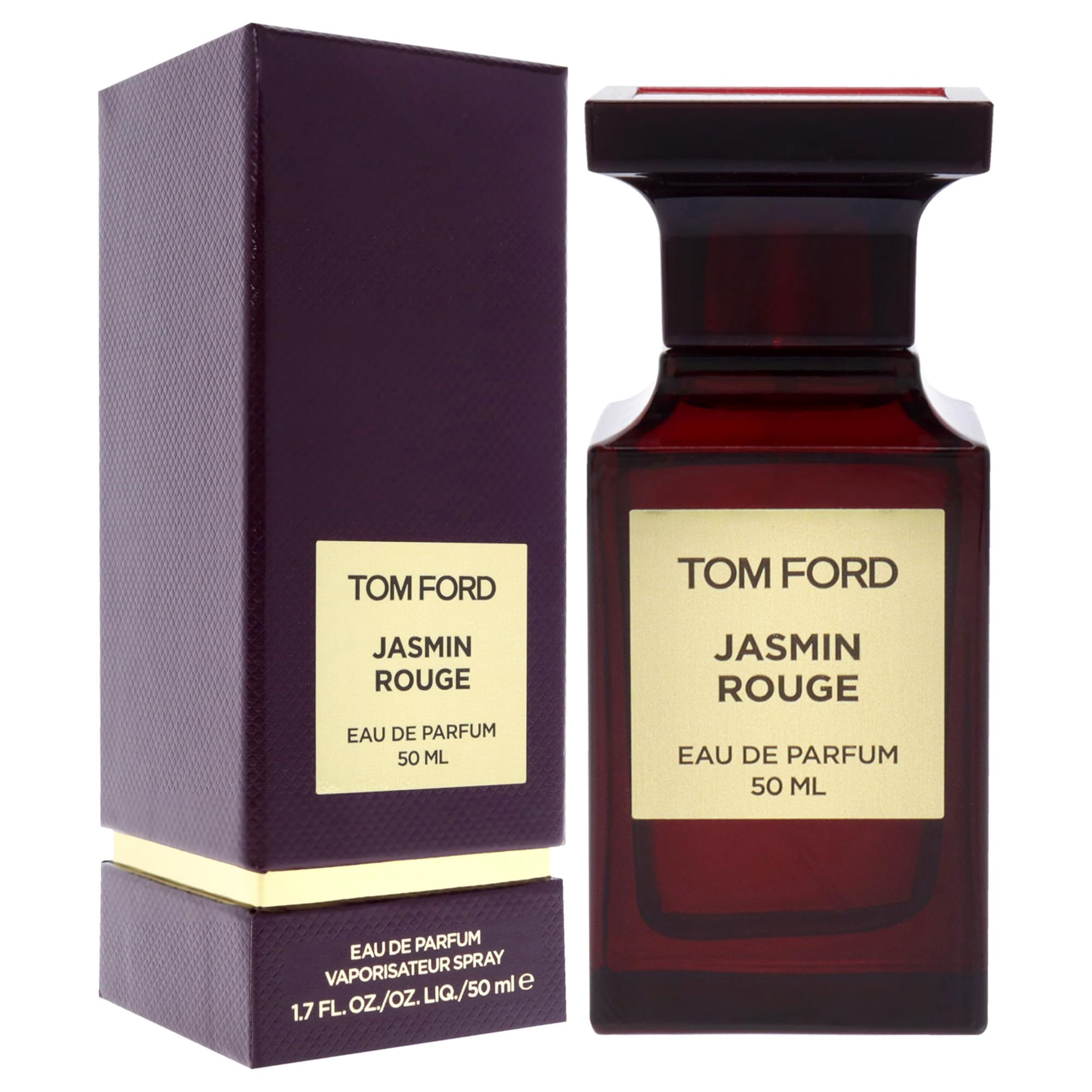 Flacone e confezione rosso scuro. Scritta: Tom Ford Jasmin Rouge, Eau de Parfum, 50 ml.