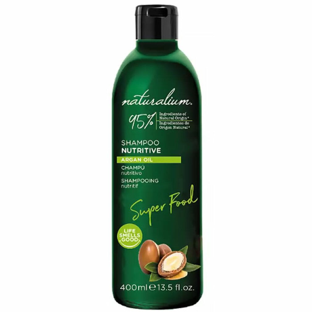 Flacone di shampoo verde con tappo nero. Scritta: Shampoo Nutritivo Argan Oil Super Food. Illustrazione di frutti di argan.
