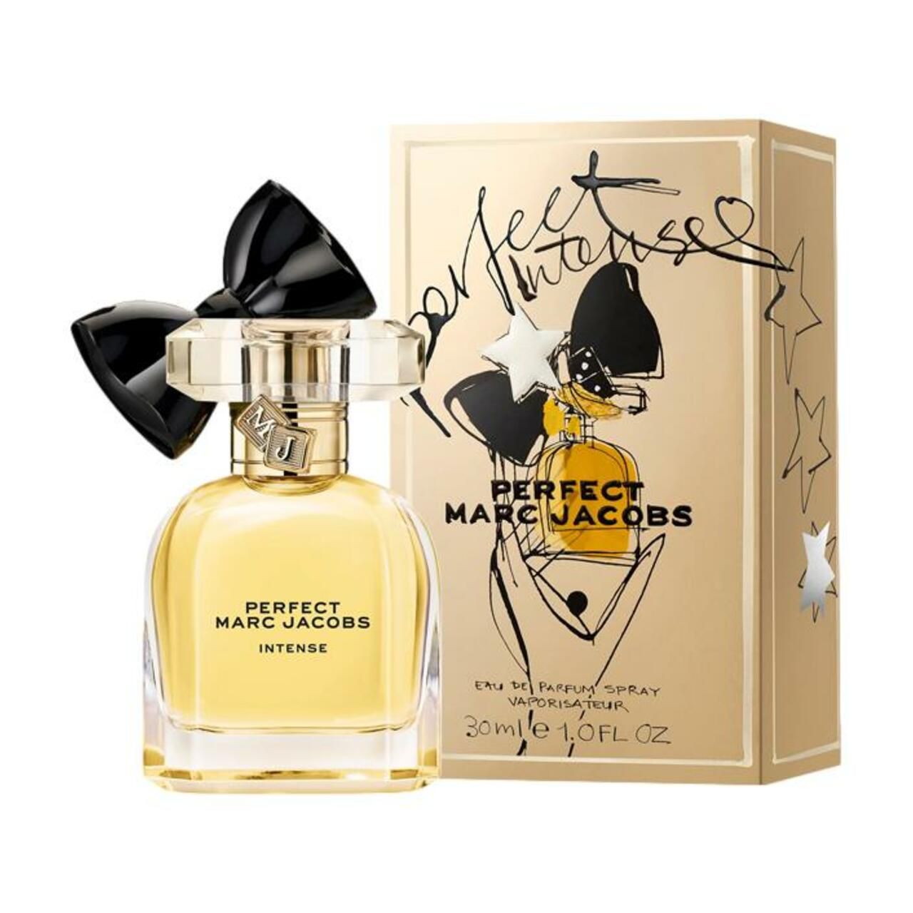 Flacone di profumo e confezione. Scritta: Perfect Marc Jacobs Intense. Liquido dorato in flacone di vetro. Confezione con stelle.